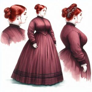 Victorian-era fashion illustration featuring a woman in a maroon