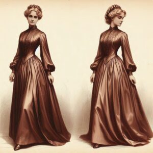 Two elegant women in vintage brown dresses with intricate detailing and puffed sleeves