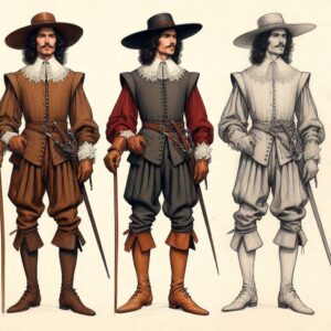 Three stylized figures of a man in 17th-century clothing