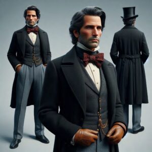 Victorian-era gentleman dressed in an elegant black coat