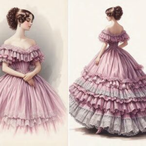 Elegant woman in a pink, ruffled gown with lace details, showcasing 19th-century fashion.