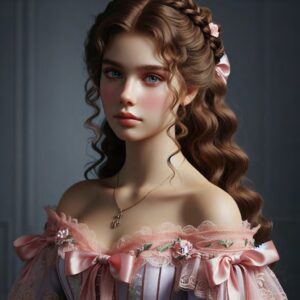 Young woman with wavy, brown hair, wearing a pastel gown with floral designs and ribbons.