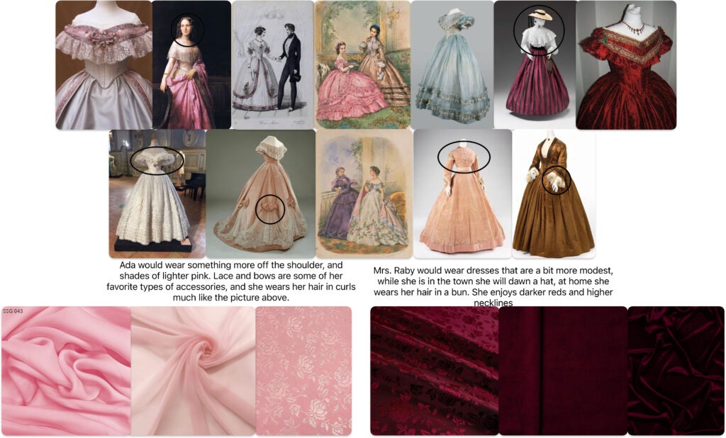 A collage showcasing historical dresses and fabrics, highlighting styles and color preferences of Ada and Mrs. Raby.