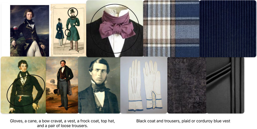 Attire from the 19th century, featuring portraits of men in formal clothing, including coats, cravats, and accessories like gloves and a cane.