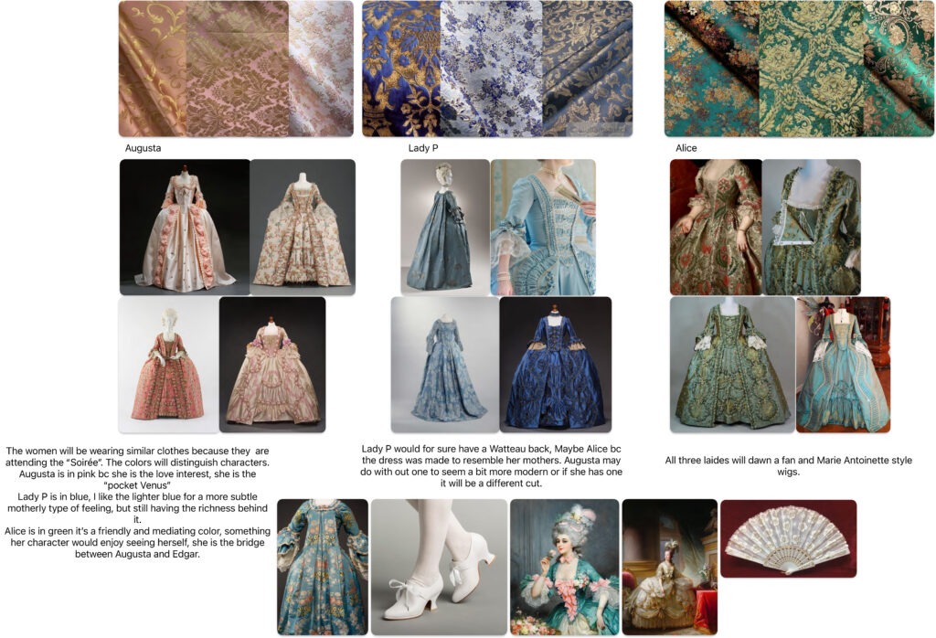 Three women in elaborate historical gowns represent distinct characters at a soirée: Augusta in pink, Lady P in blue, and Alice in green.