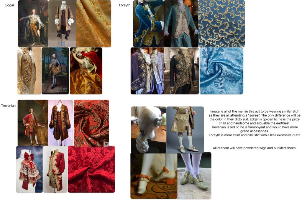 Collage of elaborate period costumes and fabrics representing three characters: Edgar, Forsyth, and Trevanian, showcasing attire for a soirée.