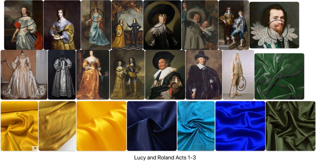 Collage of historical portraits featuring elaborately dressed figures, alongside fabric swatches relevant for "Lucy and Roland" costume design.