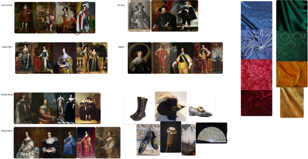 Collage of historical figures in portraits, showcasing notable costumes and accessories, alongside swatches of fabrics in rich colors and patterns for design inspiration.