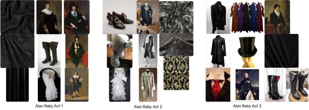 Costume design concepts for "Alan Raby" featuring historical garments, accessories, and fabrics to illustrate character styles from different acts.