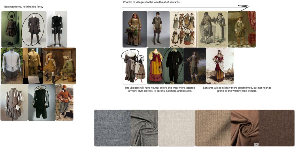Costume designs contrast villagers' simple, neutral attire with servants' slightly more adorned outfits, alongside fabric samples for historical accuracy.
