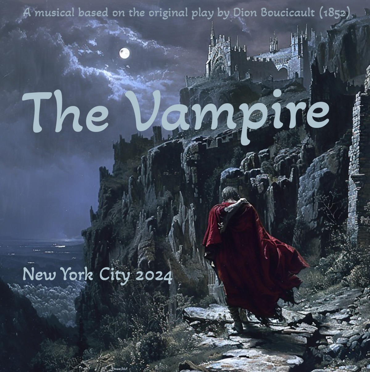 A dramatic scene featuring a cloaked figure on a rocky hillside