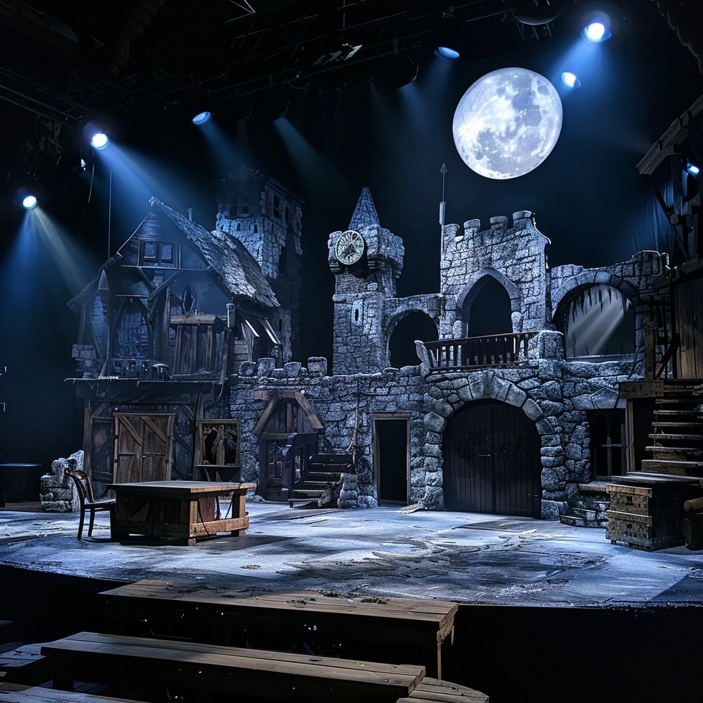 A medieval castle-themed stage set with stone walls, wooden structures, and a full moon backdrop.